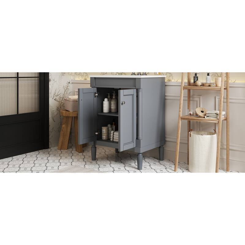 GDFStudio - Halston 2-Tier Modern Bathroom Storage Cabinet with Ceramic Sink and Large Storage Shelves - 24'W