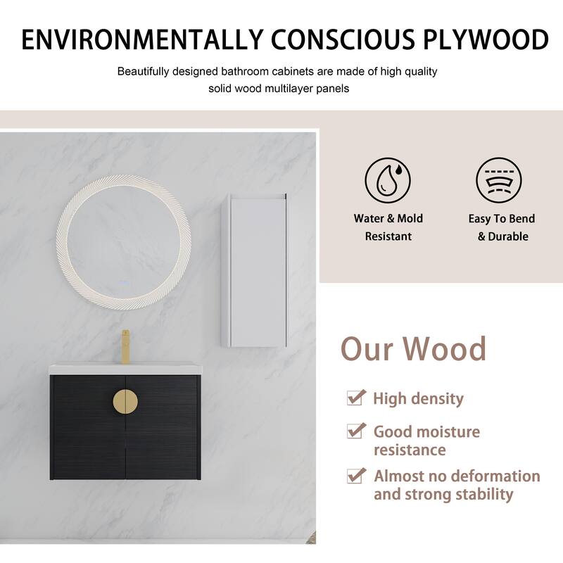 28" Wall-Mounted Bathroom Vanity With Ceramic Sink and Side Cabinet, Soft Close Doors, Combination Cabinet