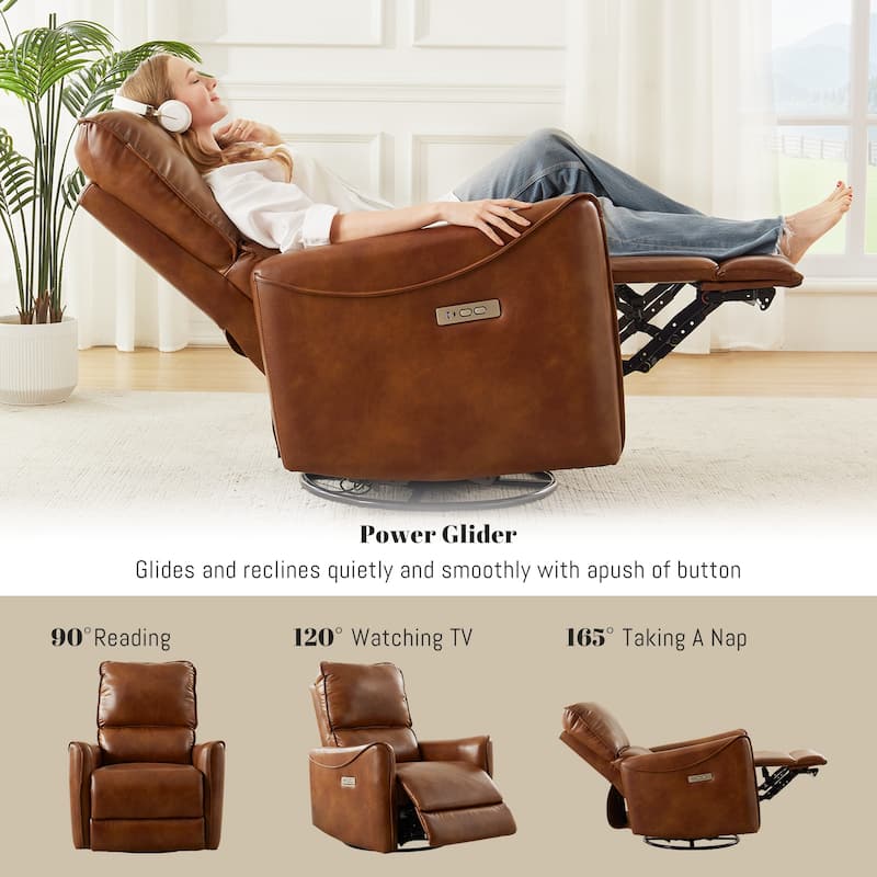 Brown Color Air Leather Electric Recliner Chair With Rocker And Swivel