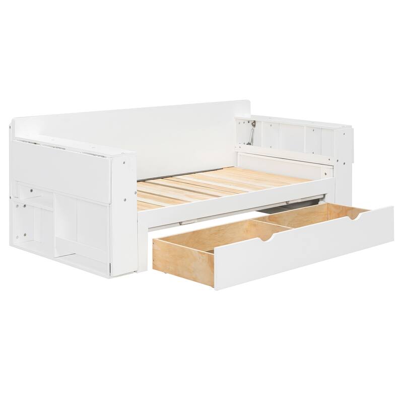 4-in-1 Multifunctional Daybed Storage Bed Frame with Removable Desk, Drawers, Bookcase Shelves and Hydraulic Side Tables