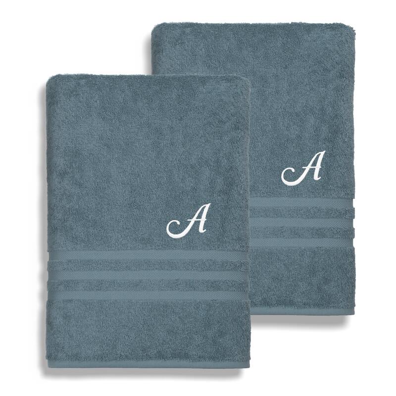 Authentic Hotel and Spa Omni Turkish Cotton Terry Set of 2 Medium Blue Bath Towels with White Script Monogrammed Initial - A