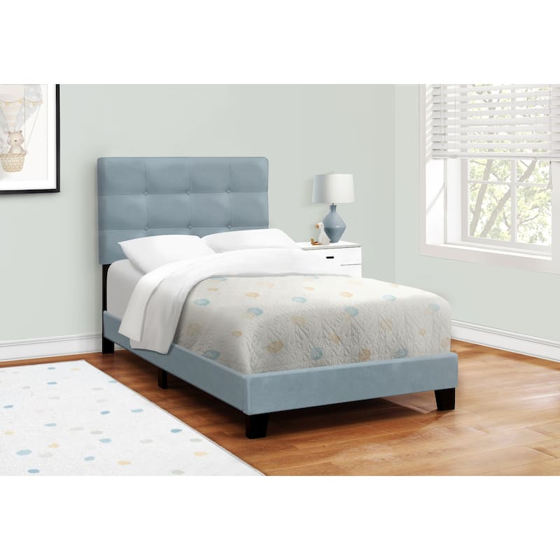 Twin Size Upholstered Platform Bed Frame in Light Blue Velvet for Youth and Teen Bedrooms - Blue