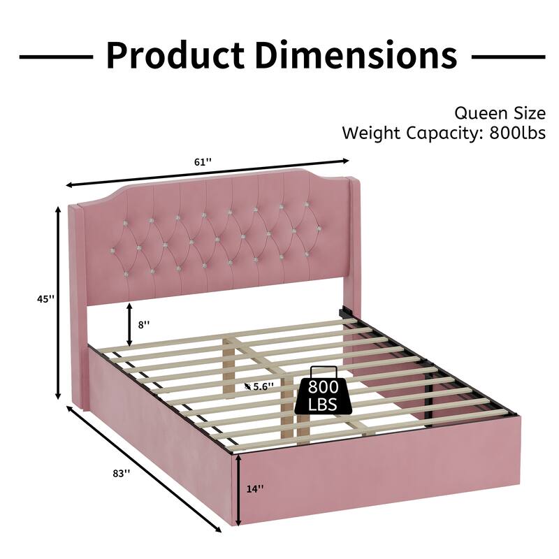 Queen Size Tufted Bed Frame with Crystal Button Accents, Wingback Headboard & Under-Bed Storage,Pink