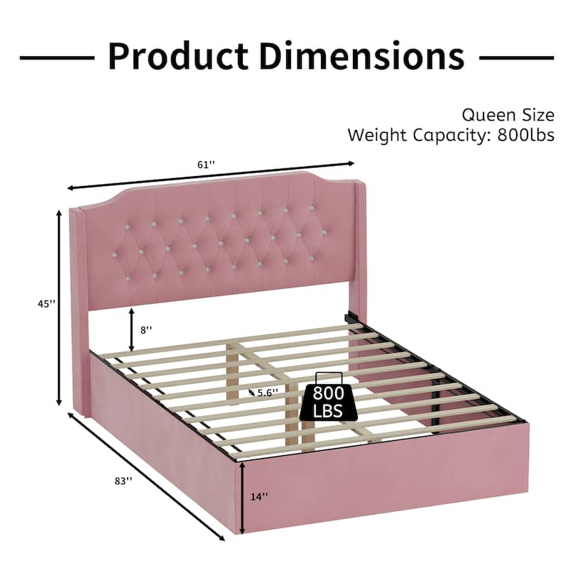 Queen Size Upholstered Platform Bed Frame with Crystal Button Tufting, Wingback Headboard with Shelf, Under-Bed Storage