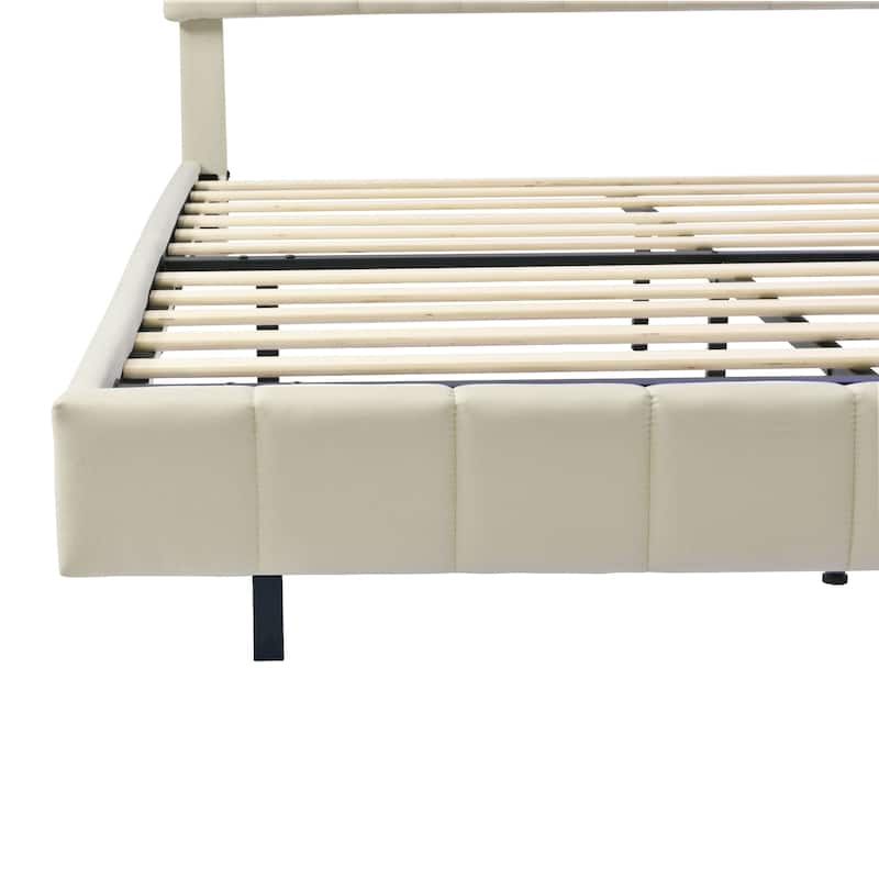 Floating Bed Frame with LED Lights and USB Charging,Modern Upholstered