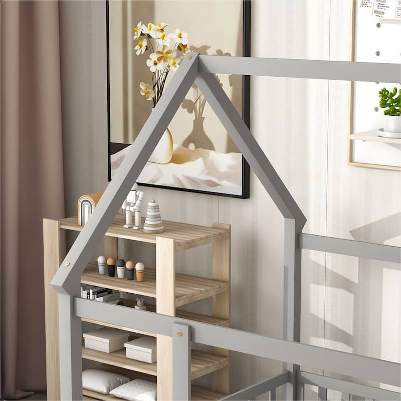 Floor Wooden Bed with House Roof Frame, Fence Guardrails