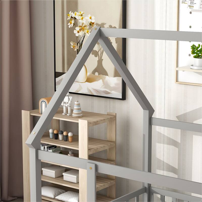 Floor Wooden Bed with House Roof Frame