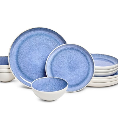 Sango Cove 12-Piece Blue Stoneware Dinnerware Set - Service for 4, Plate & Bowl Set, Blue with a White Speckled Underglaze