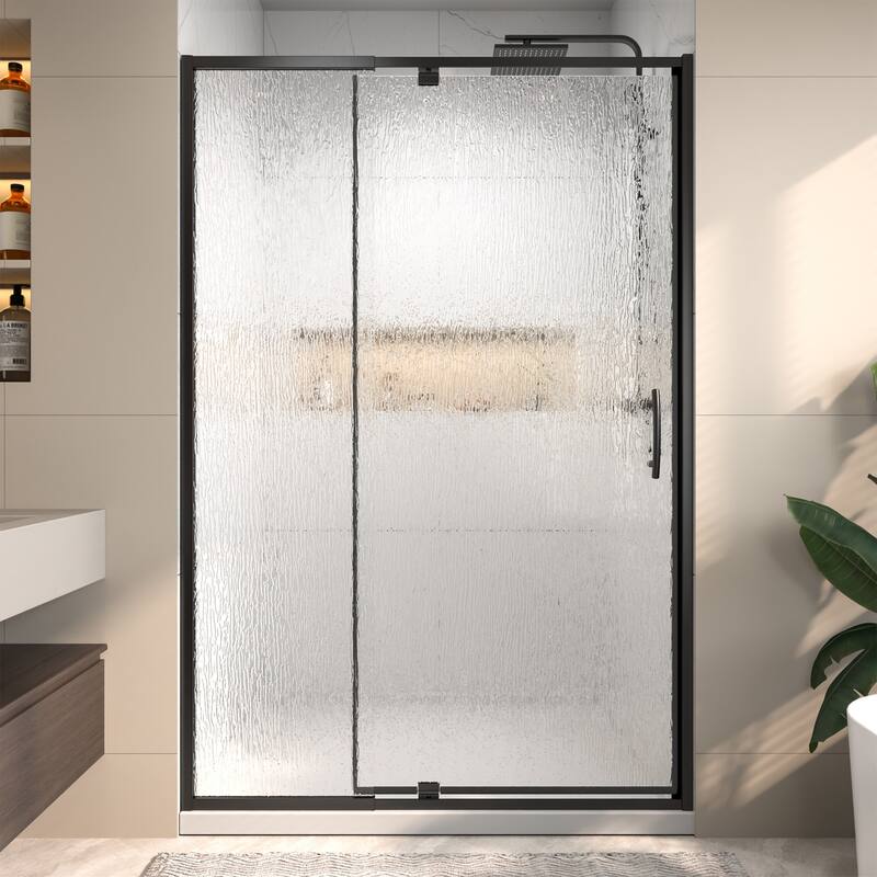 Modland 42'' / 48''W x 71''H Auto-Rise Pivot Shower Door - Rain Pattern 6mm Glass, 4" Adjustable, Space-Saving Frame - 48''x 71''