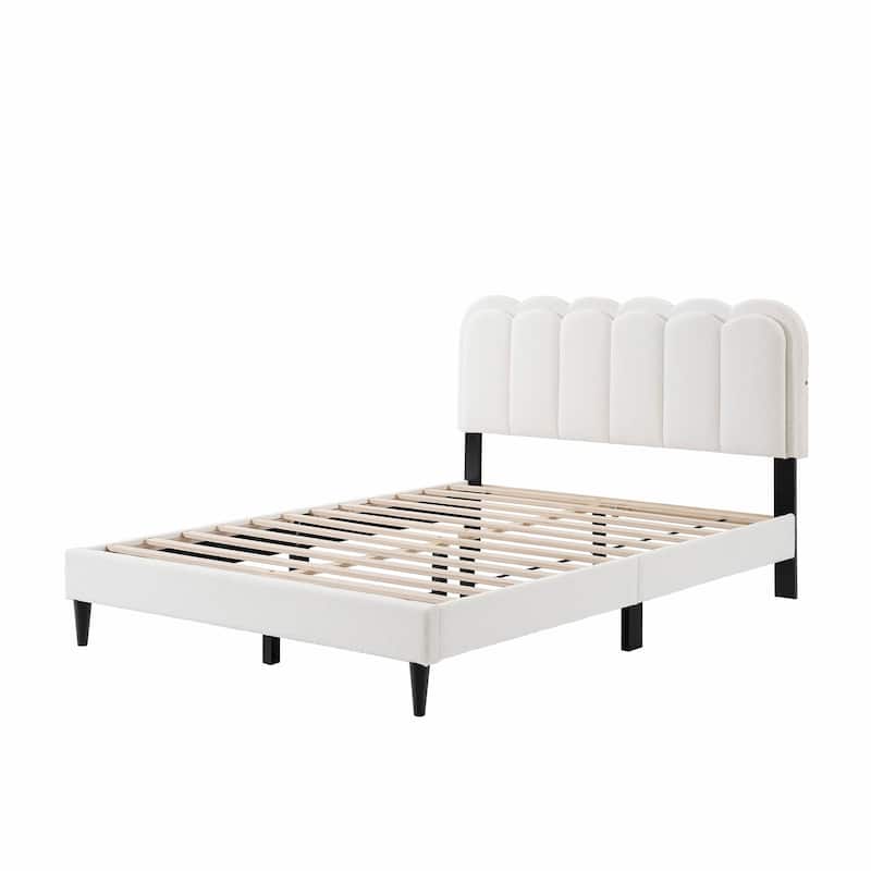 Lambswool Petal Headboard Bed Frame - Cream Style Bedroom Soft Bed with Ambient Light