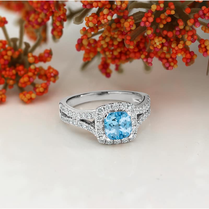 Auriya 9/10ct Cushion-cut Sky Blue Topaz Halo Diamond Engagement Ring 5/8ctw 14k Gold