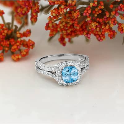 Auriya 9/10ct Cushion-cut Sky Blue Topaz Halo Diamond Engagement Ring 5/8ctw 14k Gold