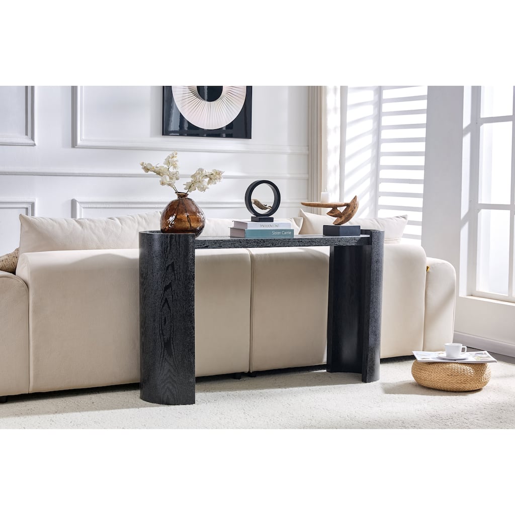 Black curved foyer table - Black wood grain minimalist entrance small space living room sofa side table