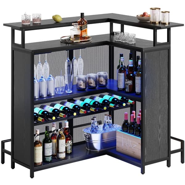 slide 2 of 9, Moasis Home Bar Unit L-shape Liquor Bar Table with 2-Tier Storage and Shelves Black