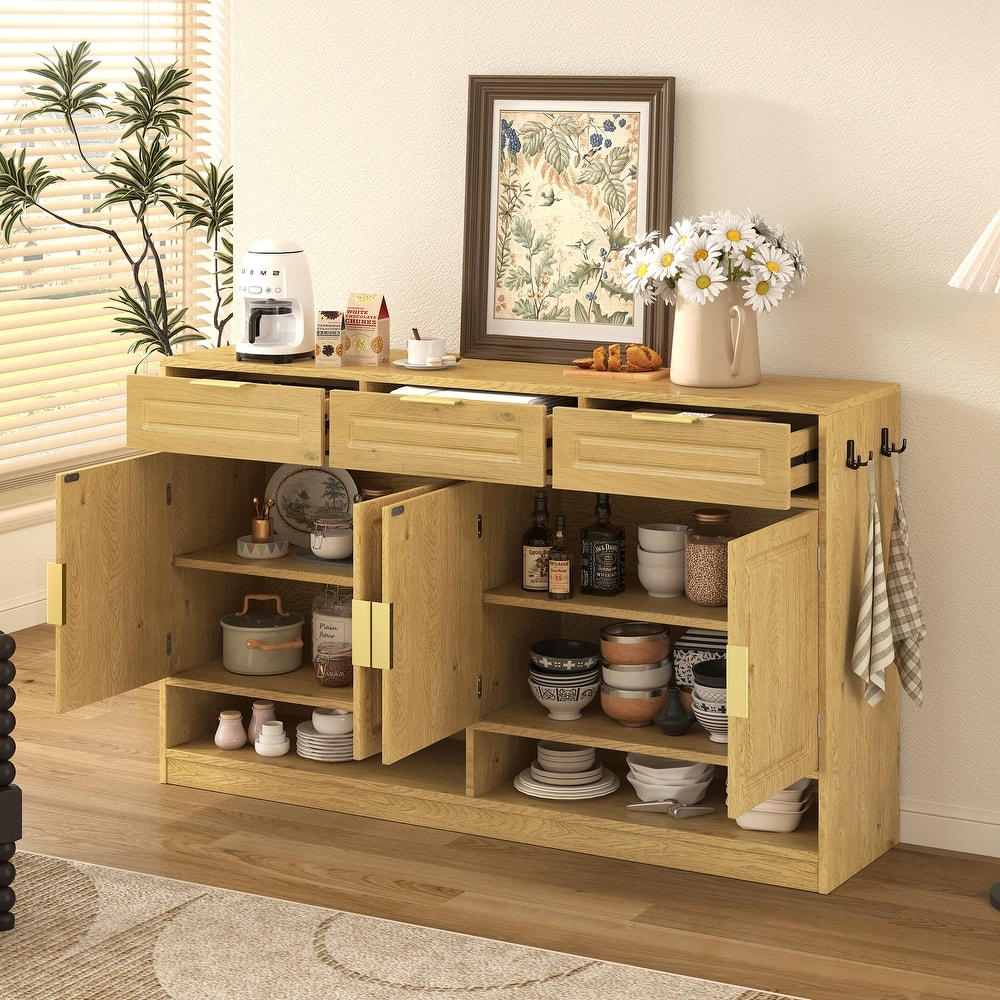 Multi-Functional Storage Buffet with 3 Drawers & 4 Doors, Sideboard with Adjustable Shelf and Open Storage Compartments