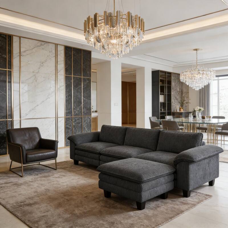 124.4" L-Shaped Corduroy Sectional Sofa with Movable Ottoman