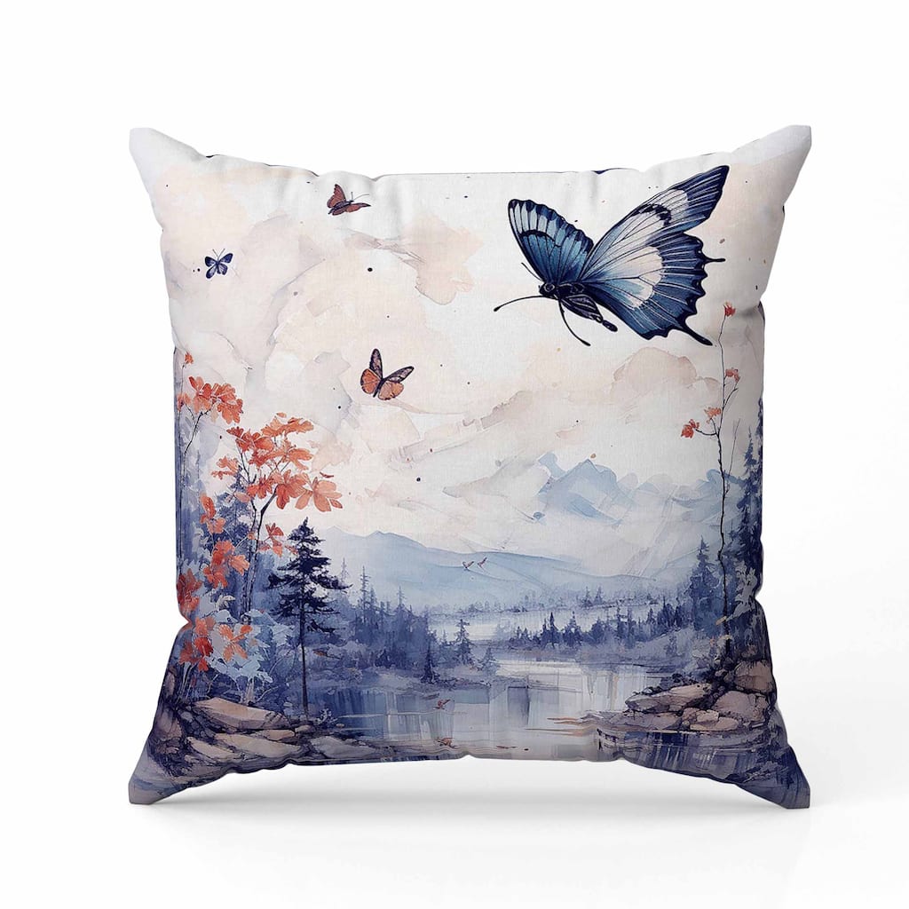 Fluttering Floral Heights Faux Suede Reversible Throw Pillow Blue and Red