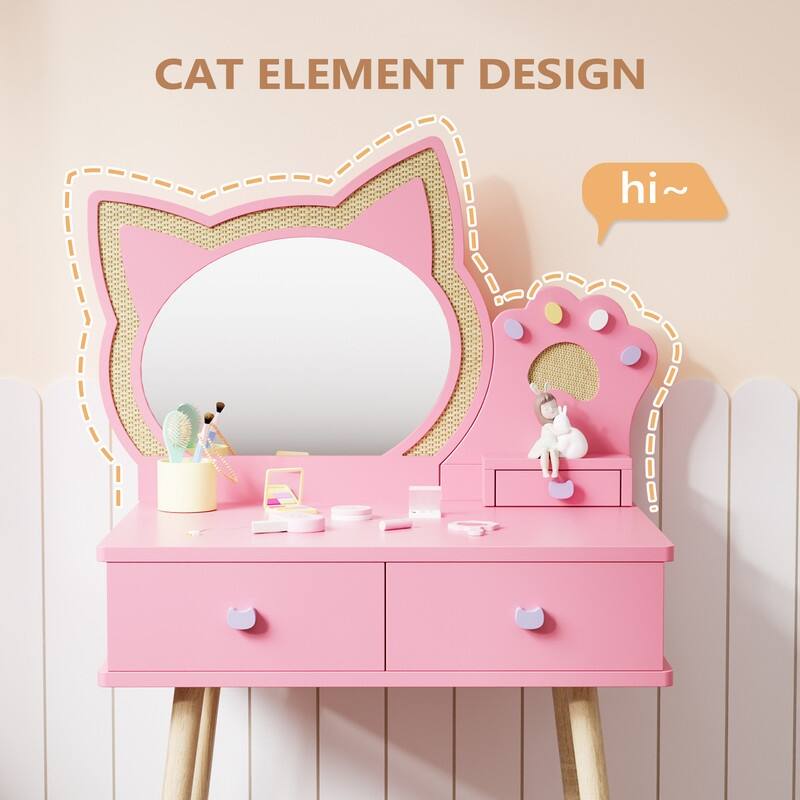Kids Cat Mirror Vanity Makeup Dressing Table With 7 Pretend Play Accessories - N/A