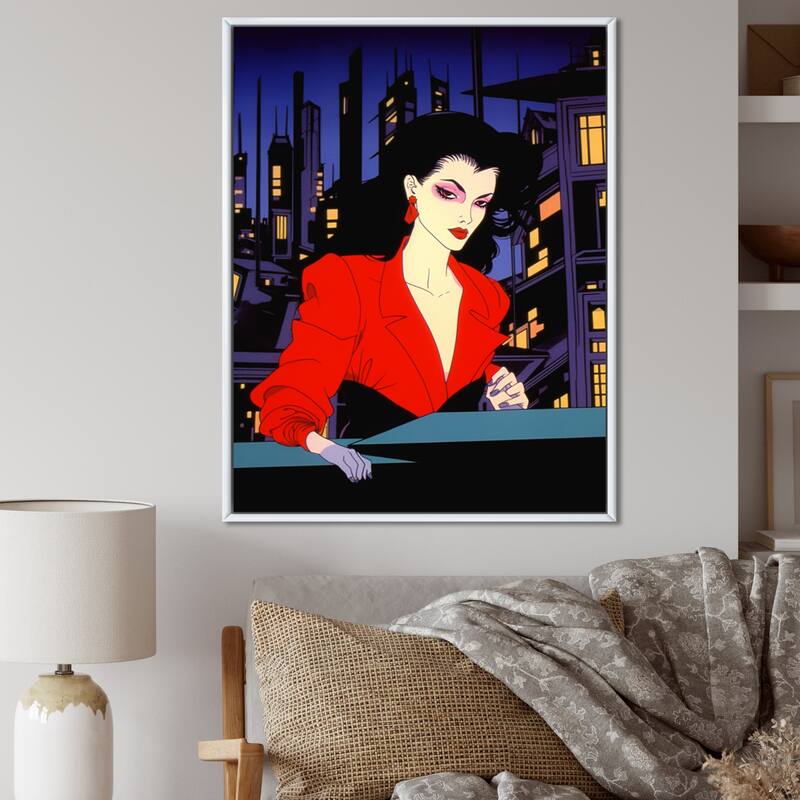 Designart "Pop Art Nightlife Diva I" Woman Pop Art Framed Wall Art Living Room - 16 in. wide x 32 in. high - White