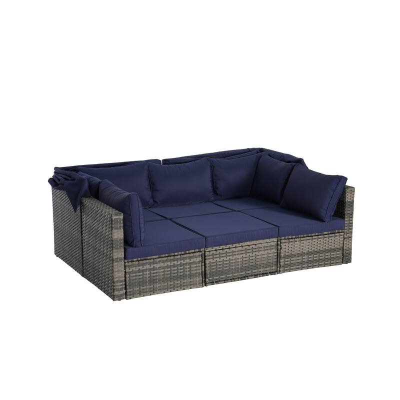 5-Piece Outdoor Patio Wicker Daybed Set with Retractable Canopy, Storable Table