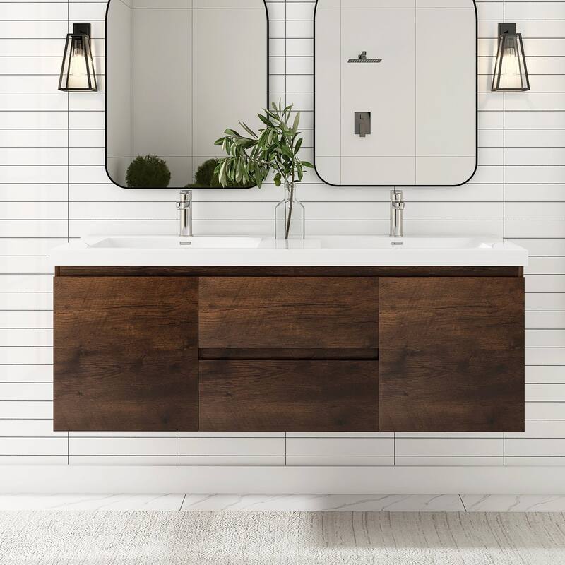 MDF Wall-Mounted Bathroom Vanity Set in Rose Wood with Integrated Culture Marble Sink