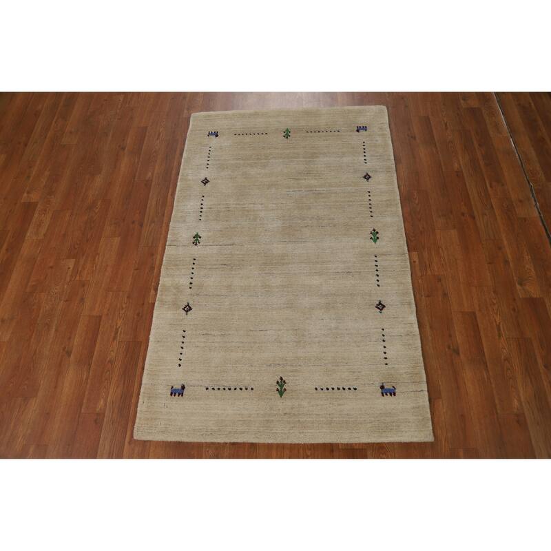 Tribal Beige Gabbeh Indian Foyer Rug Handmade Silk Carpet - 3'1"x 4'11"