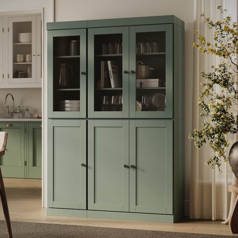 Palace Imports 100% Solid Wood 48.5" Pantry Cabinet with Clear Glass, Shaker Doors and Adjustable Shelves - Sage