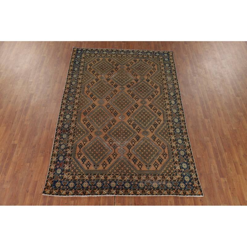 Geometric Bakhtiari Vintage Persian Area Rug Hand-Knotted Wool Carpet - 6'9" x 9'11"