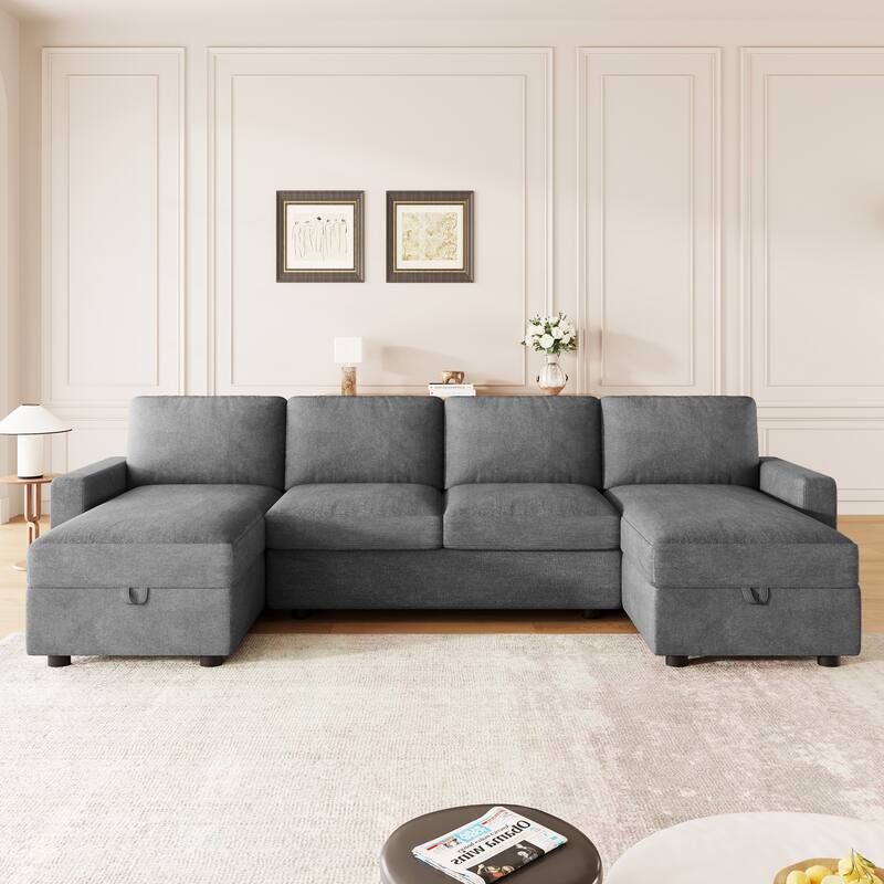 103.9" U-shaped Dark Gray Convertible Sofa with Storage Chaise & USB Ports, Polyester