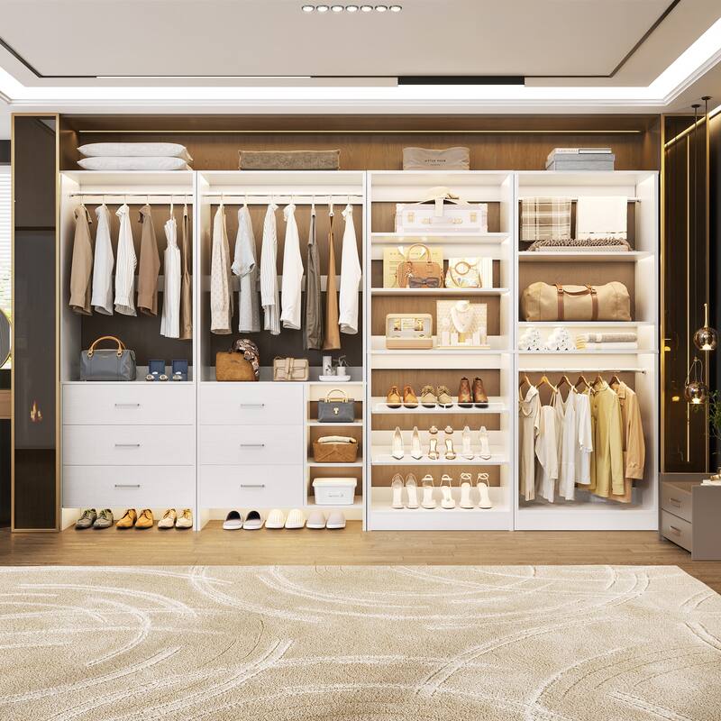 Cimly Set of 4 Closet Organizer with Drawers and Shoe Rack, Freestanding Closet System with Hanging Rods