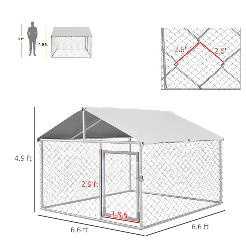 Silver Galvanized Steel Outdoor Dog Kennel with UV Roof and Lockable Door - 6.6' L x 6.6' W x 4.9' H