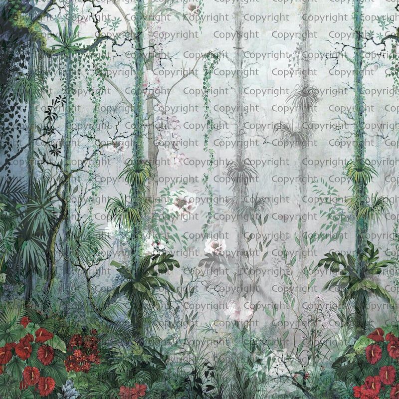 Mystical Tropical Rainforest Floral Wallpaper Mural - Green - W:225" x H:118"
