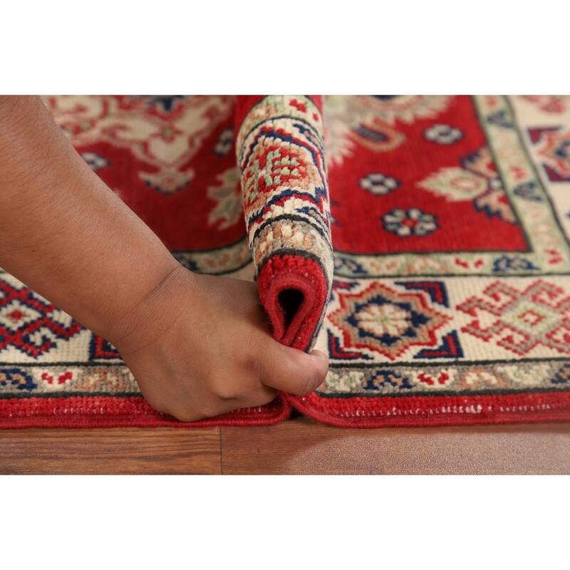 Kazak Oriental Accent Rug Hand-Knotted Red Geometric Wool Carpet - 2'8" x 4'2"