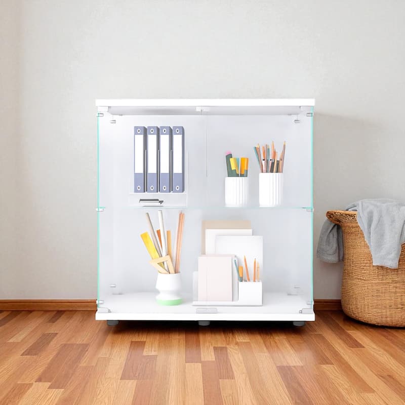 2-Tier Glass Display Cabinet with Double Doors and Lock, Tempered Glass Showcase with MDF Base