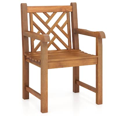 Gymax Teak Wood Patio Dining Chair Outdoor Armchair w/ Slatted Seat &