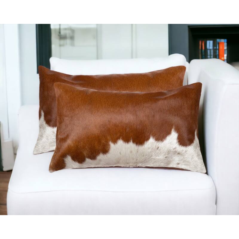 HomeRoots Set of Two 12" X 20" Brown and White Cowhide Throw Pillows - Brown and White