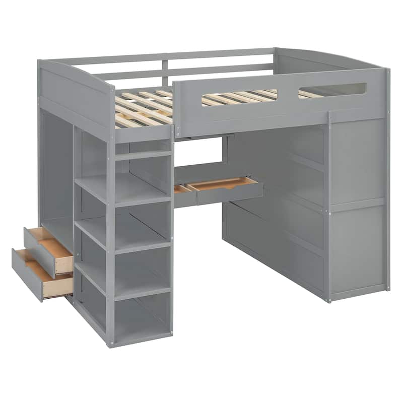 Solid Wood Loft Bed with Desk, Wardrobes, 4 Drawers and 4 Shelves for Kids, Bedroom