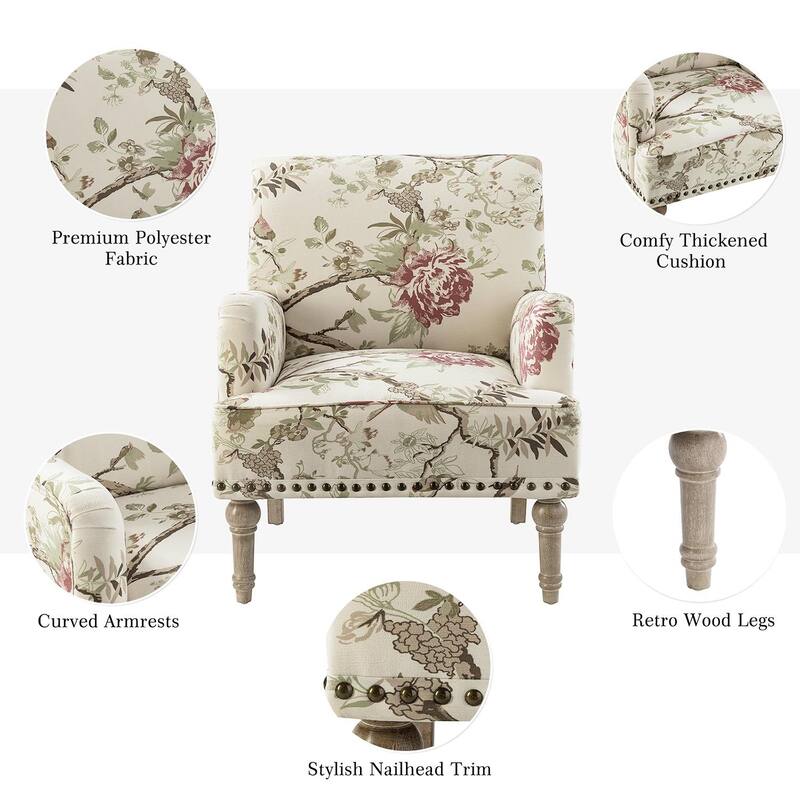 Pavia Traditional Floral Fabric Design Upholstered Accent Armchair with Nailhead Trim Set of 2 by HULALA HOME