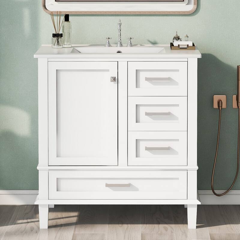 30" Bathroom Vanity with Ceramic Sink Combo Set, Bathroom Vanity Cabinet with 1 Soft Close Door and 3 Storage Drawers