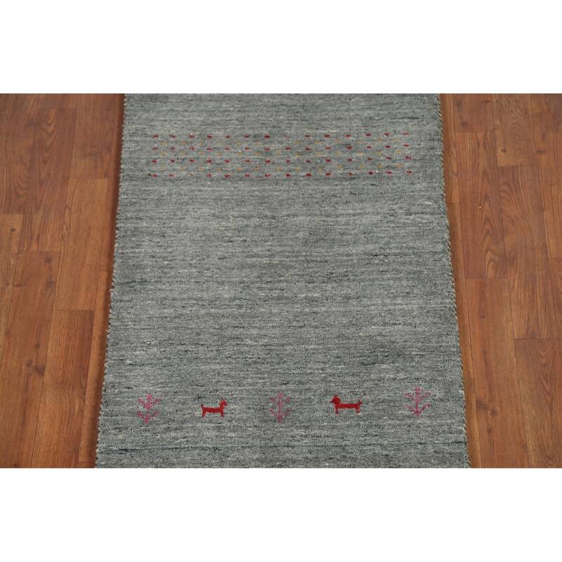 Striped Gabbeh Oriental Runner Rug Hand-Knotted Grey Wool Carpet - 2'3"x 9'7"