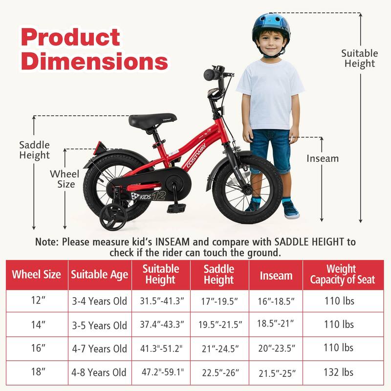 Costway 12"/14"/16"/18" Kids Bike for 3-4 Years Old Boys & Girls with