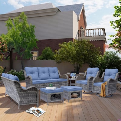 7 Piece Outdoor Patio Furniture Wicker Set with Swivel Rocking Chairs