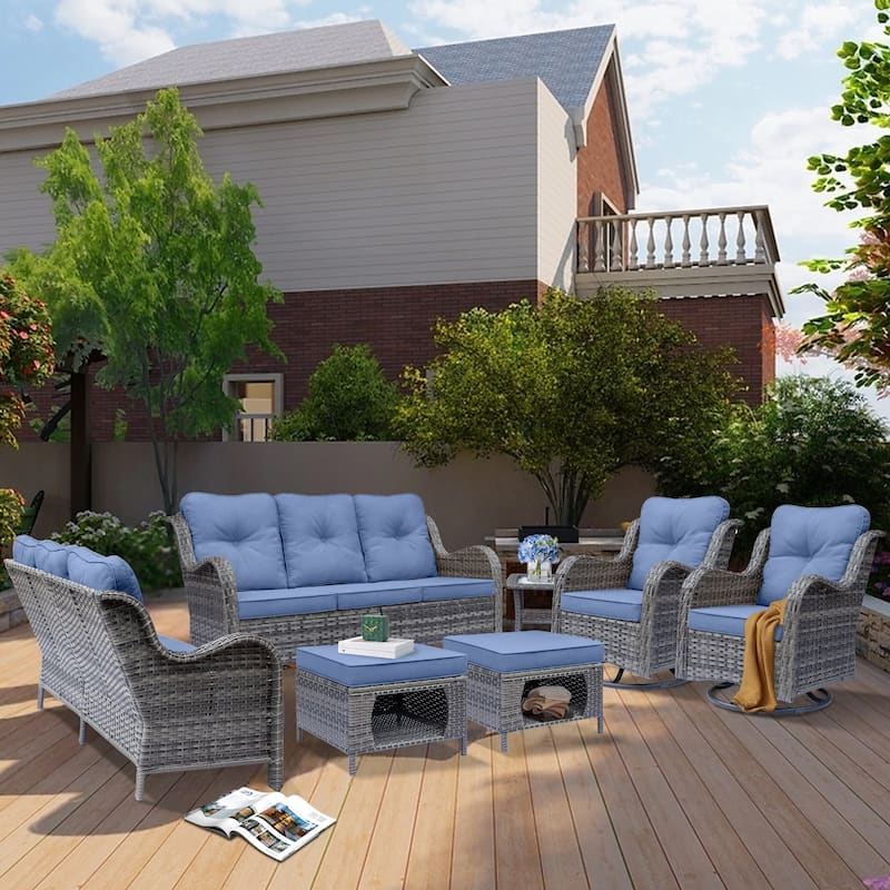 7 Piece Wicker Patio Swivel Outdoor Rocking Chair Set with Ottoman - Denim Blue Cushion/Grey Wicker