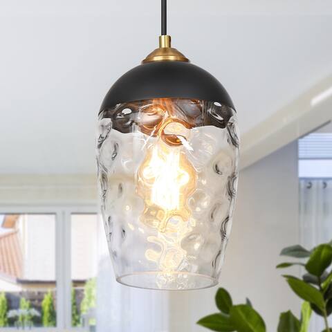 Modern Glass Pendant Light with Water Ripple Glass Shade in Black Gold - 6"D x 10"H