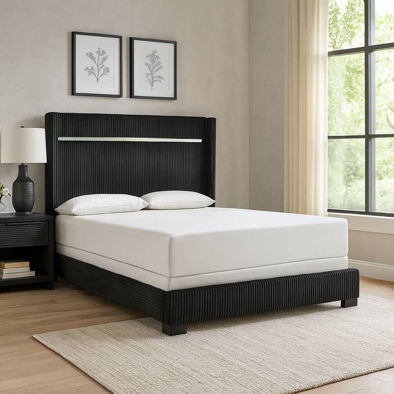 Geny Queen Size Bed w Channel Tufted Headboard, Silver Trim, Black