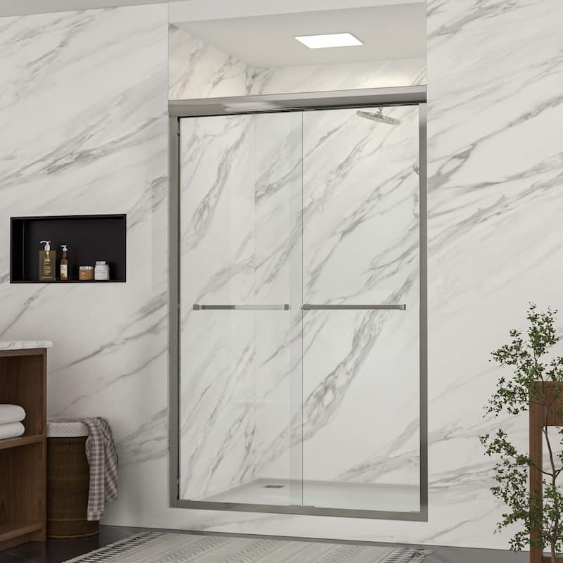 48 - 48 4/5 in. W x 76 in. H Double Sliding Semi Frameless Shower Door 3/8 Clear Tempered Glass