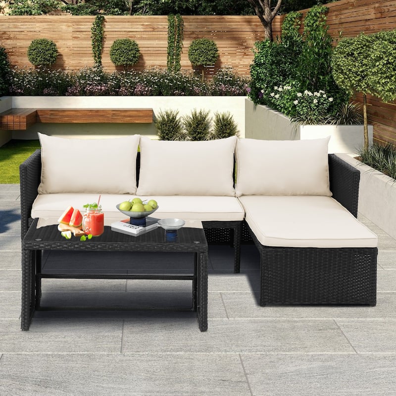 3-Piece Outdoor PE Rattan Furniture Set Patio Wicker Conversation Loveseat Sofa Sectional Couch Cushion