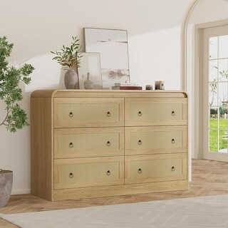46" Wide Rattan 6 Drawer Dresser, Wood Chest Storage Cabinet Natural ...