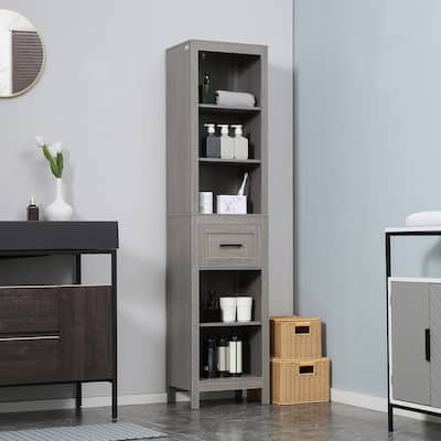 kleankin Narrow Bathroom Storage Cabinet with Drawer and 5 Tier Shelf, Tall Cupboard Freestanding Linen Towel,Corner Organizer