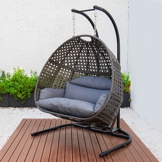 Charcoal Wicker Hanging Double-Seat Swing Chair with Stand & Cushion